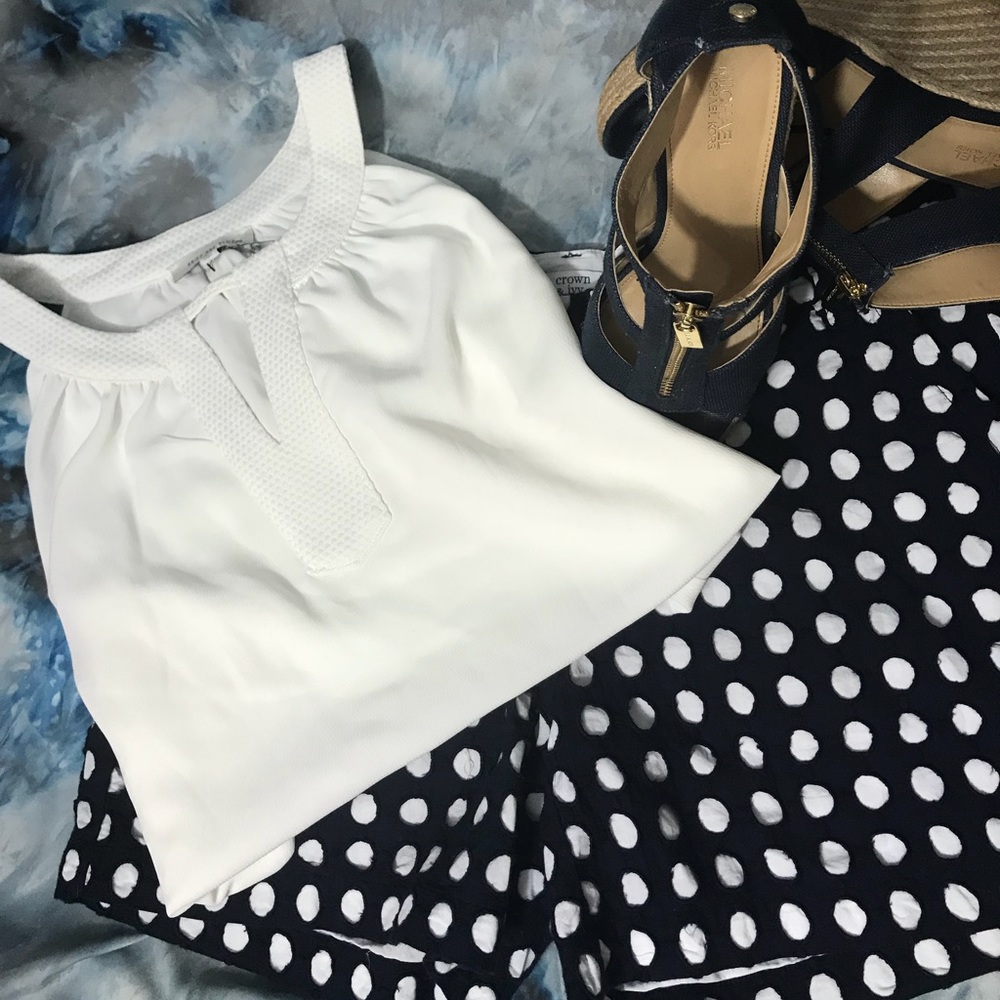 Textured navy and white shorts.
